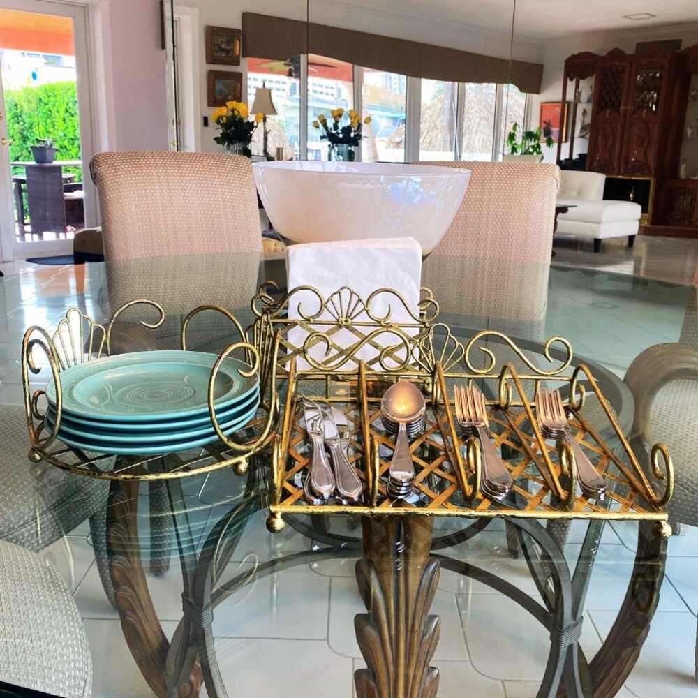 Set of 3 Metal Plate, Silverware, and Napkin Holders, Antiqued Distressed Gold